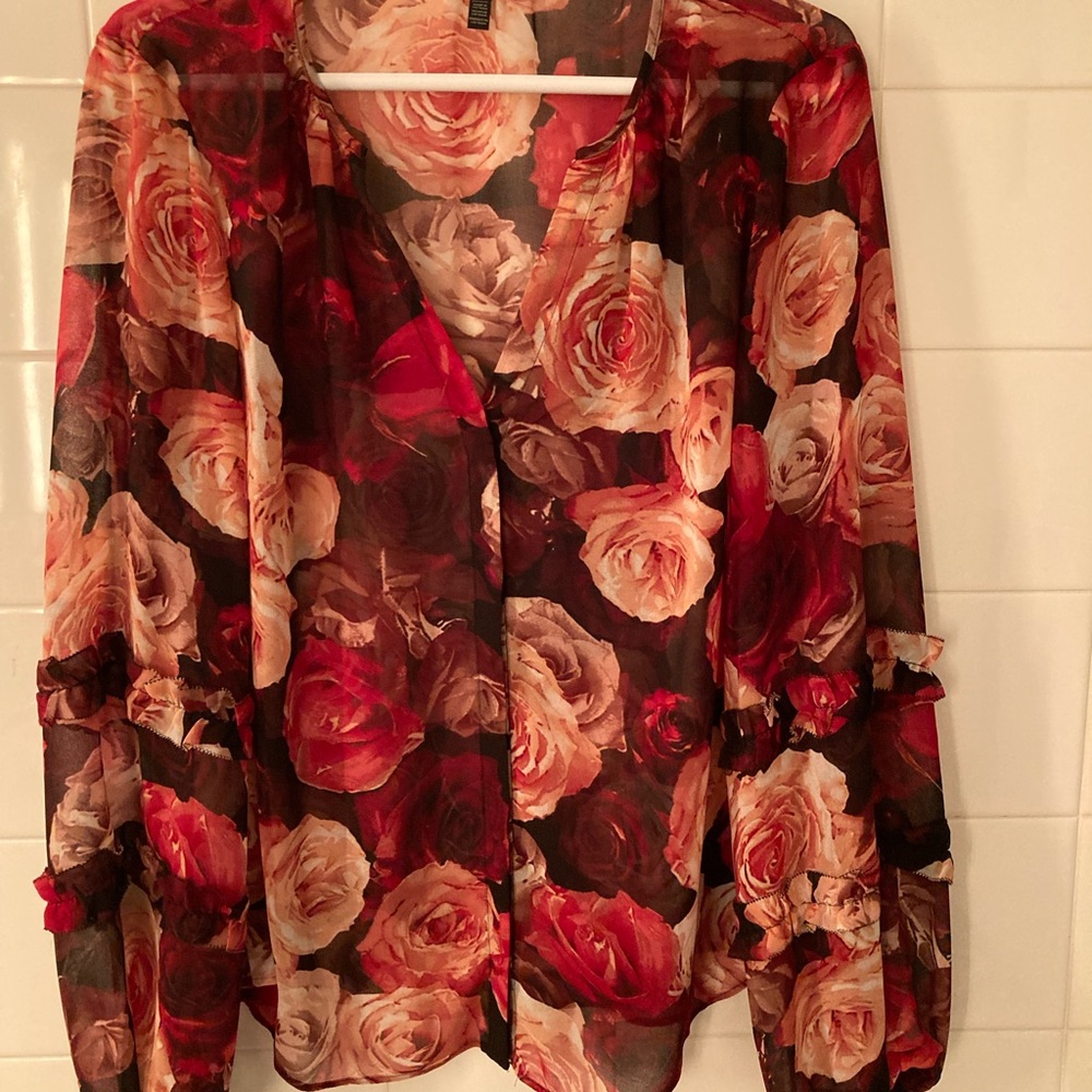 White House Black Market Floral Blouse with Pink and Red Roses
